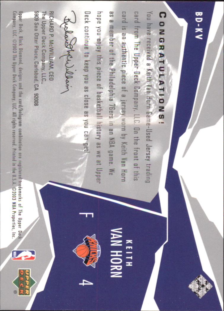 2003-04 Black Diamond Jerseys #BDKV Keith Van Horn back image