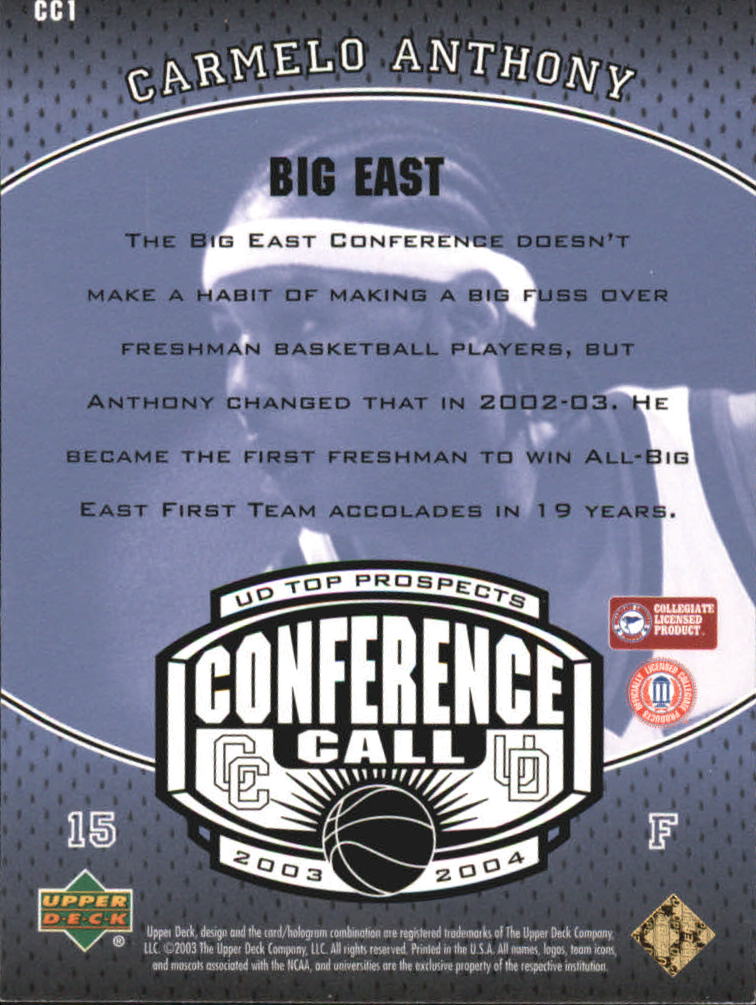2003-04 UD Top Prospects Conference Call #CC1 Carmelo Anthony back image