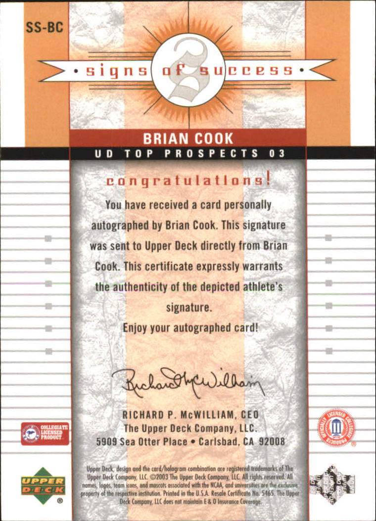 2003-04 UD Top Prospects Signs of Success #SSBC Brian Cook back image