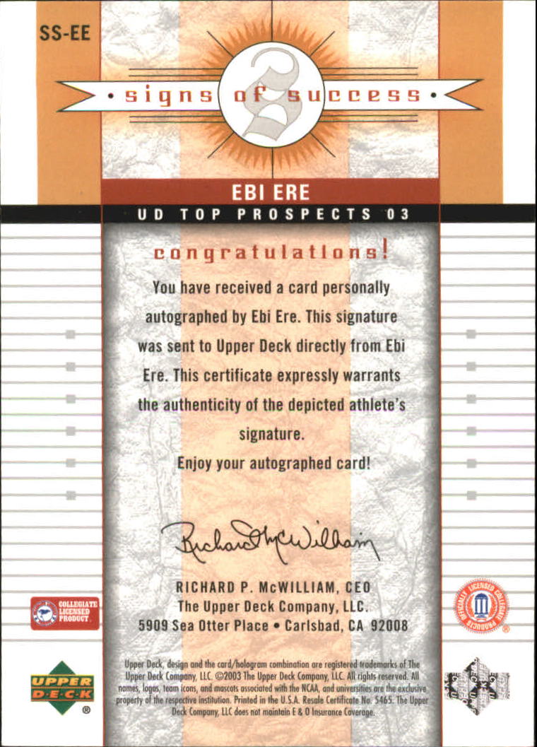 2003-04 UD Top Prospects Signs of Success #SSEE Ebi Ere back image