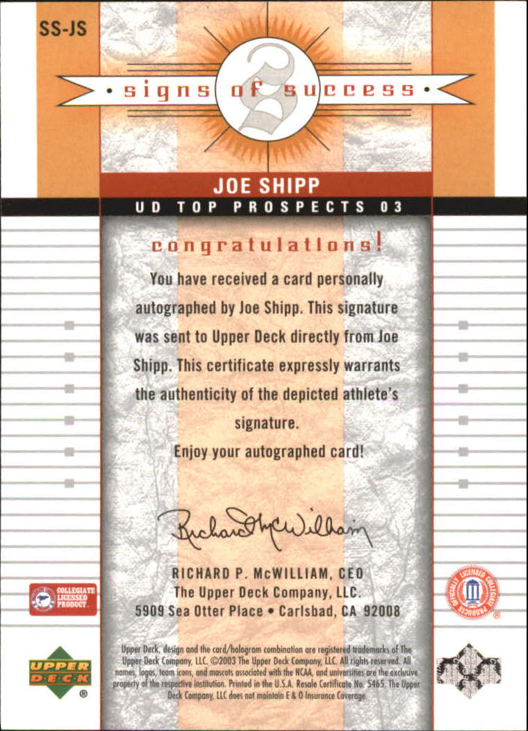 2003-04 UD Top Prospects Signs of Success #SSJS Joe Shipp back image