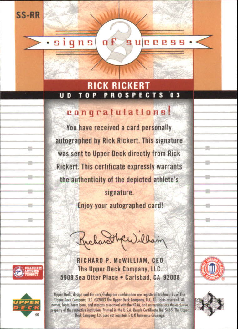 2003-04 UD Top Prospects Signs of Success #SSRR Rick Rickert back image