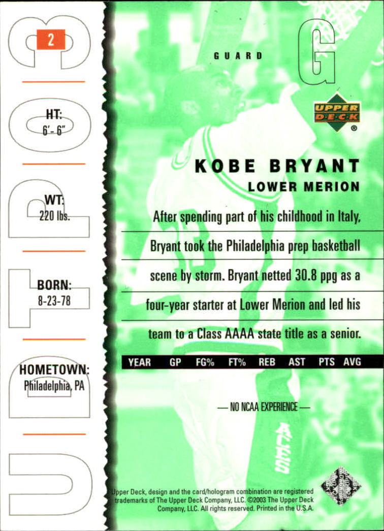 2003-04 UD Top Prospects #2 Kobe Bryant back image