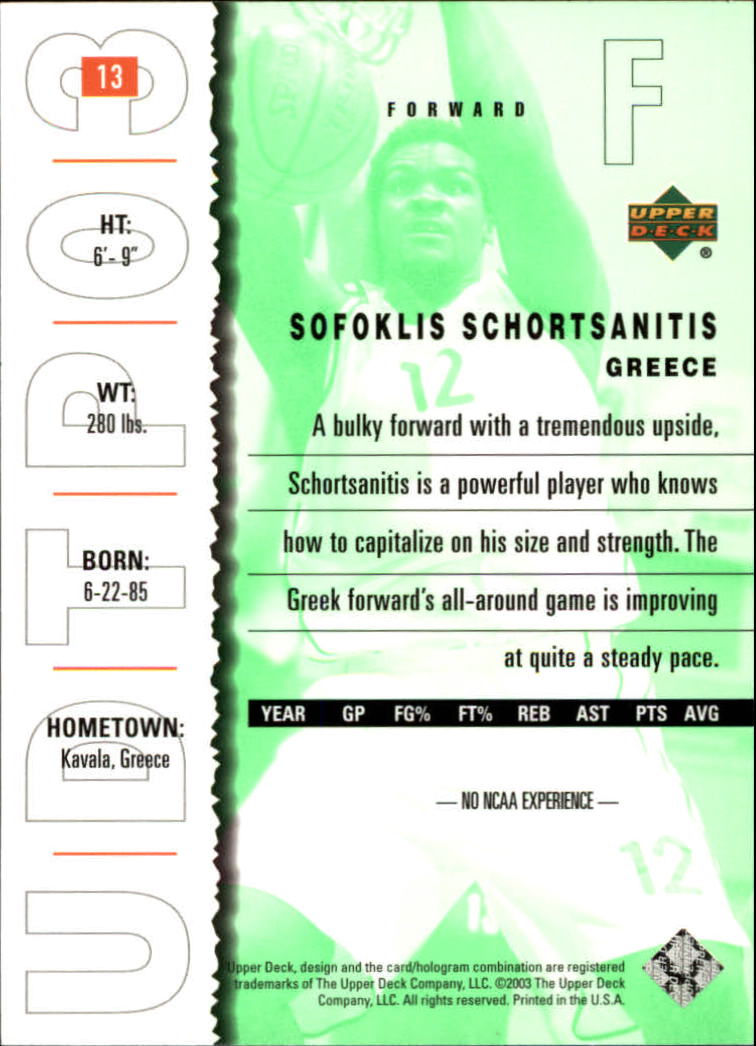 2003-04 UD Top Prospects #13 Sofoklis Schortsanitis back image