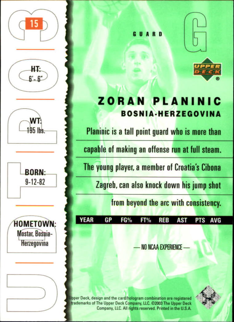 2003-04 UD Top Prospects #15 Zoran Planinic back image