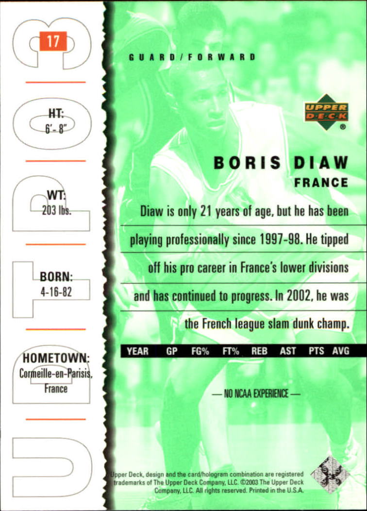 2003-04 UD Top Prospects #17 Boris Diaw back image