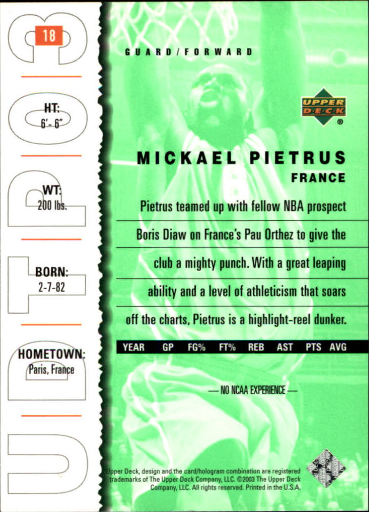 2003-04 UD Top Prospects #18 Mickael Pietrus back image
