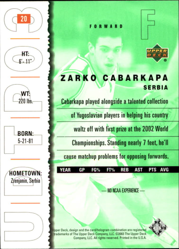 2003-04 UD Top Prospects #20 Zarko Cabarkapa back image