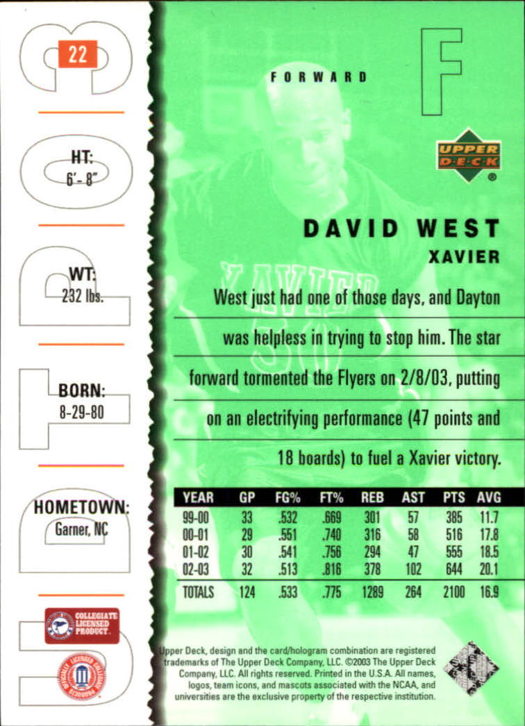 2003-04 UD Top Prospects #22 David West back image