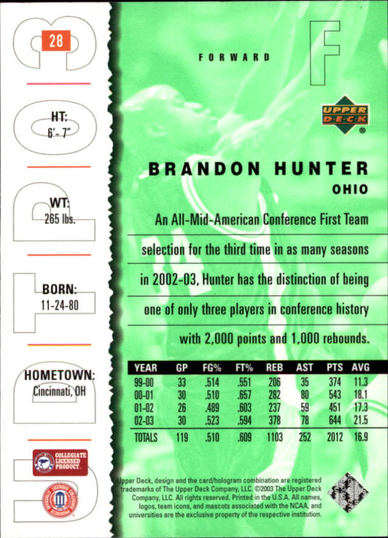 2003-04 UD Top Prospects #28 Brandon Hunter back image
