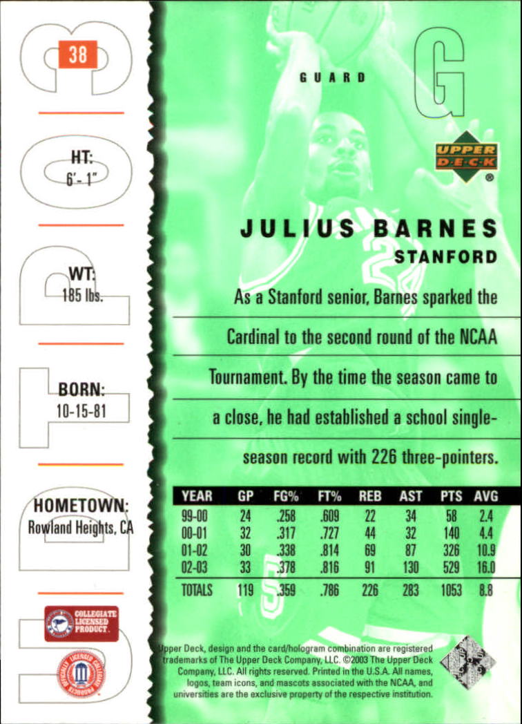 2003-04 UD Top Prospects #38 Julius Barnes back image