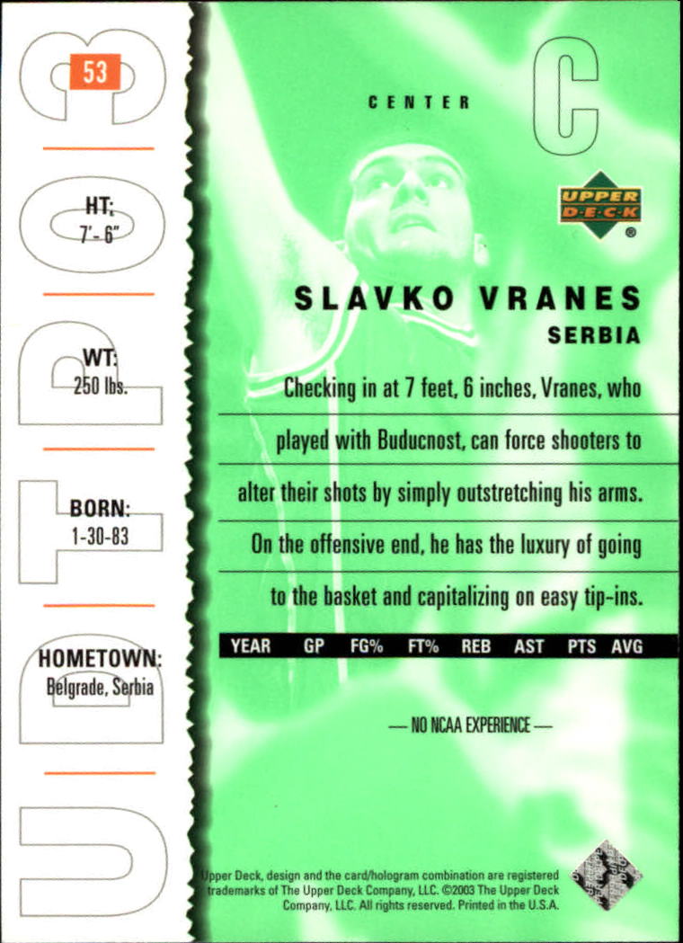 2003-04 UD Top Prospects #53 Slavko Vranes back image