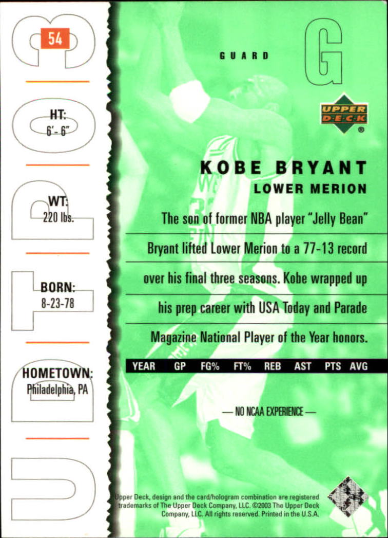 2003-04 UD Top Prospects #54 Kobe Bryant back image