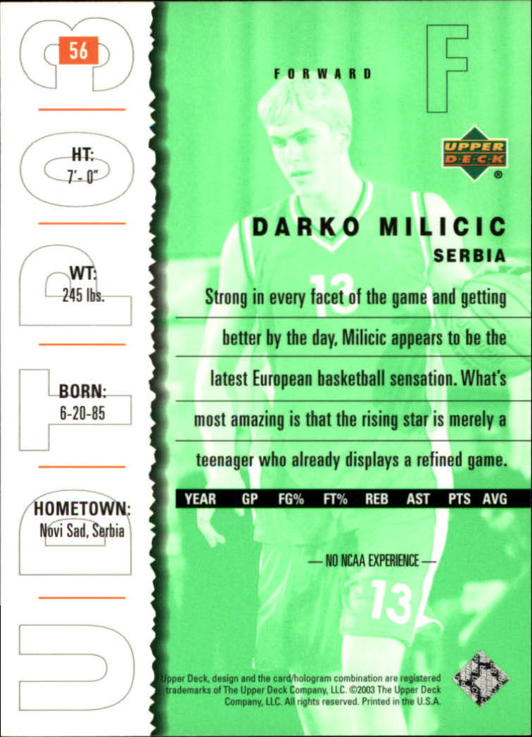2003-04 UD Top Prospects #56 Darko Milicic back image