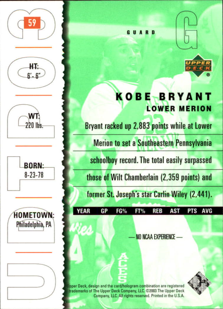 2003-04 UD Top Prospects #59 Kobe Bryant back image