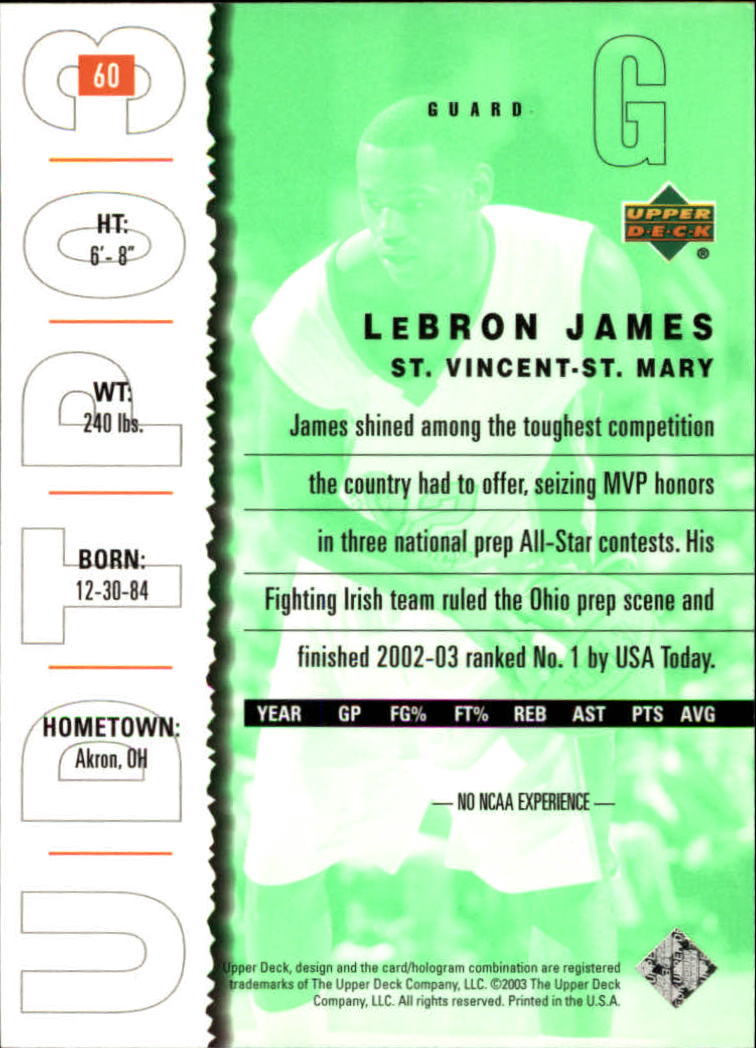 2003-04 UD Top Prospects #60 LeBron James back image