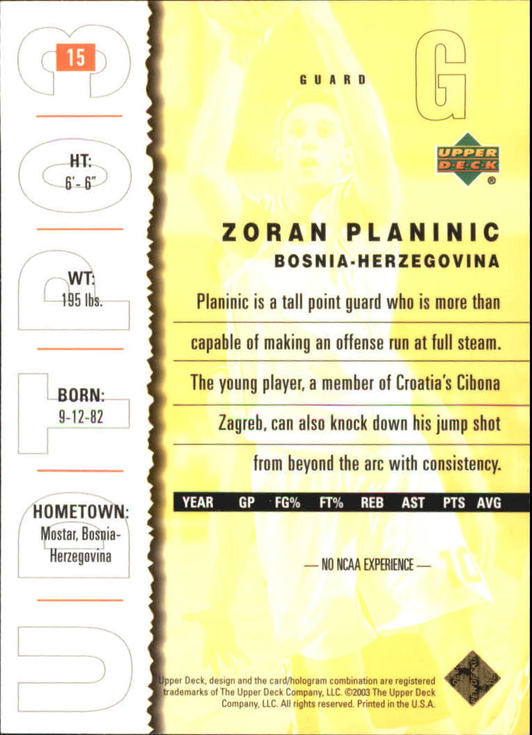 2003-04 UD Top Prospects Gold Collection #15 Zoran Planinic back image