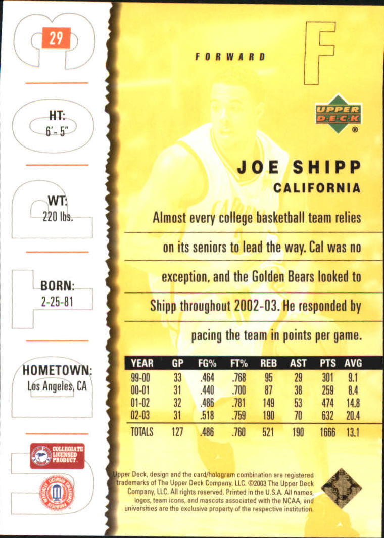 2003-04 UD Top Prospects Gold Collection #29 Joe Shipp back image