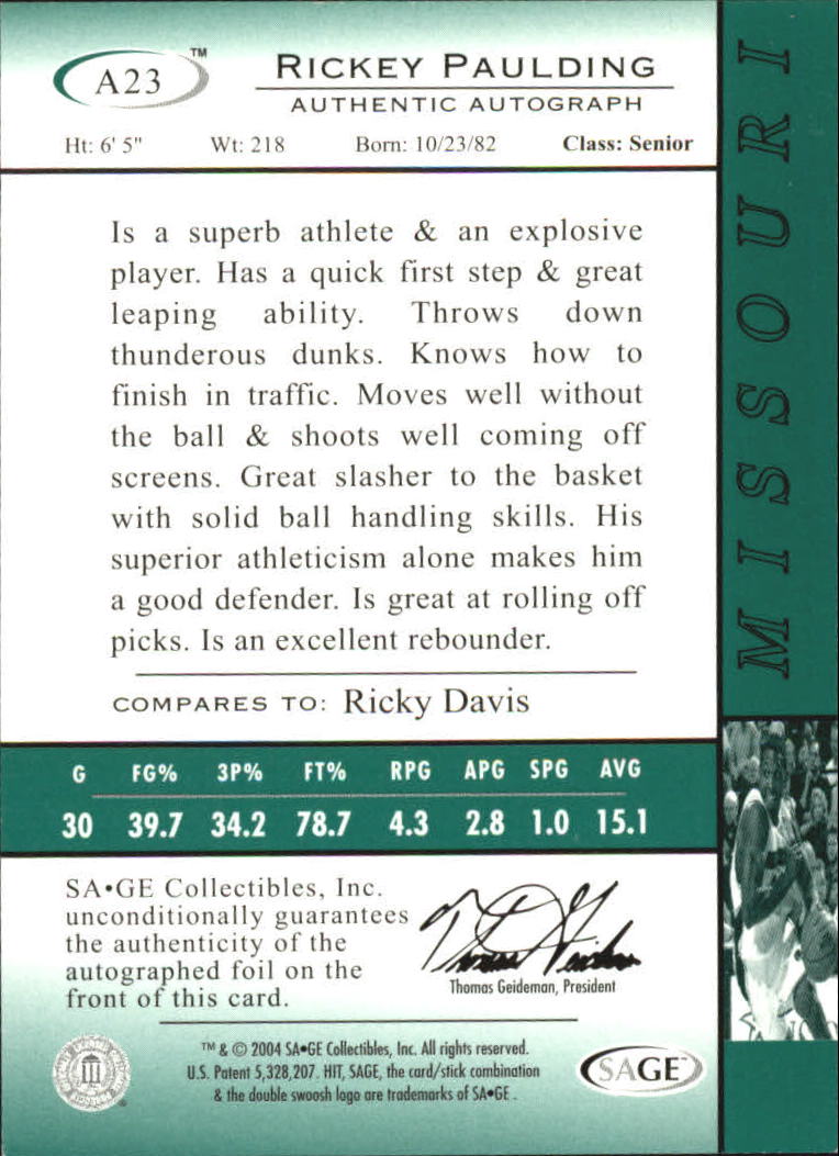 2004 SAGE HIT Autographs Gold #23 Rickey Paulding back image