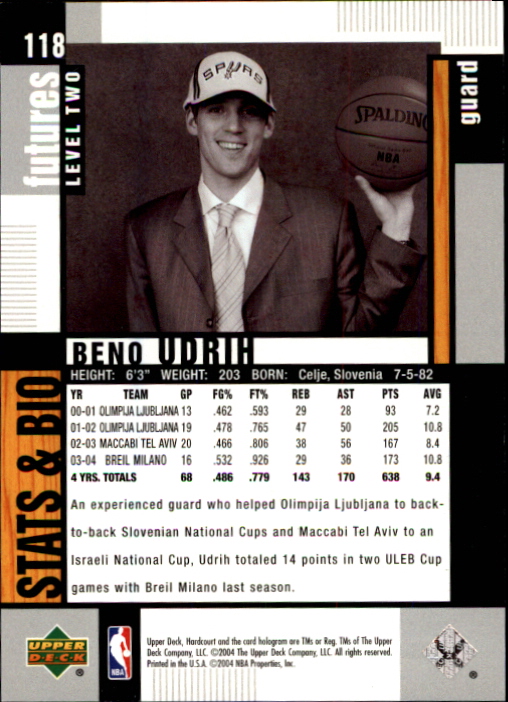 2004-05 Upper Deck Hardcourt #118 Beno Udrih RC back image