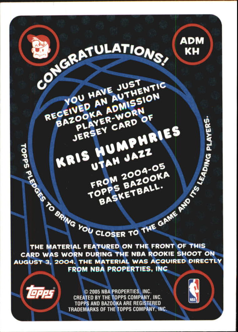 2004-05 Bazooka Admissions #KH Kris Humphries B back image