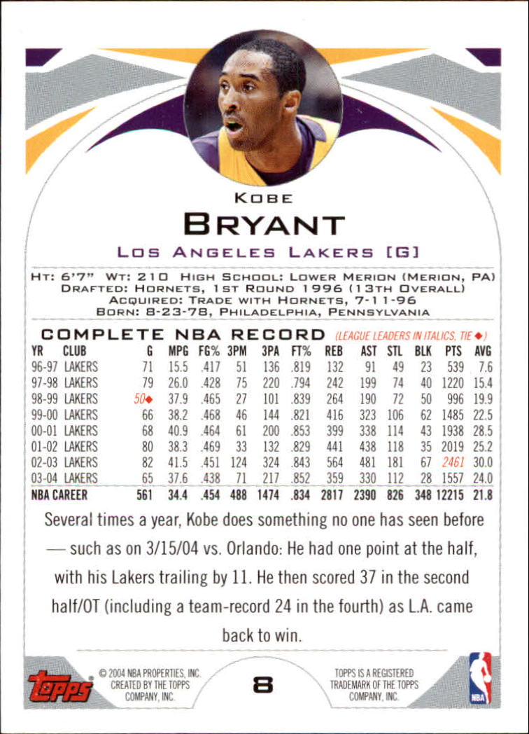2004-05 Topps #8 Kobe Bryant back image