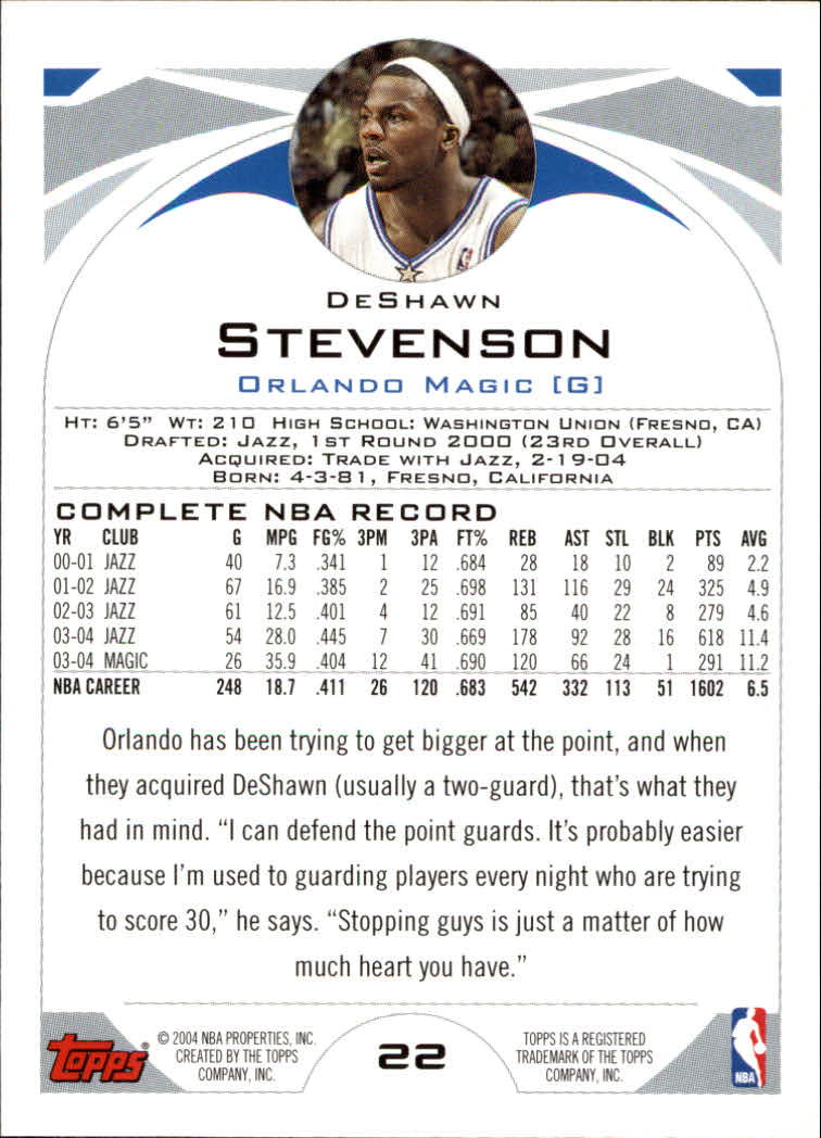 2004-05 Topps #22 DeShawn Stevenson back image