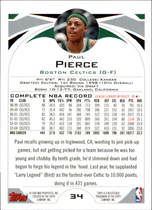 2004-05 Topps #34 Paul Pierce back image