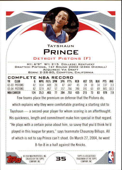 2004-05 Topps #35 Tayshaun Prince back image
