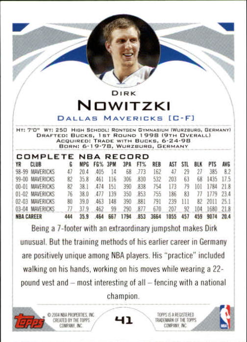 2004-05 Topps #41 Dirk Nowitzki back image