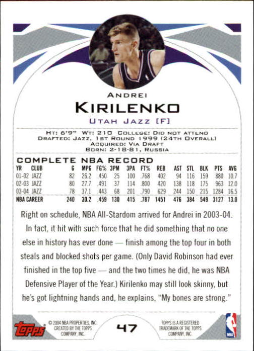 2004-05 Topps #47 Andrei Kirilenko back image