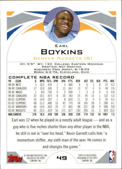 2004-05 Topps #49 Earl Boykins back image