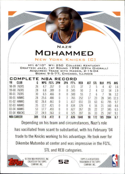 2004-05 Topps #52 Nazr Mohammed back image