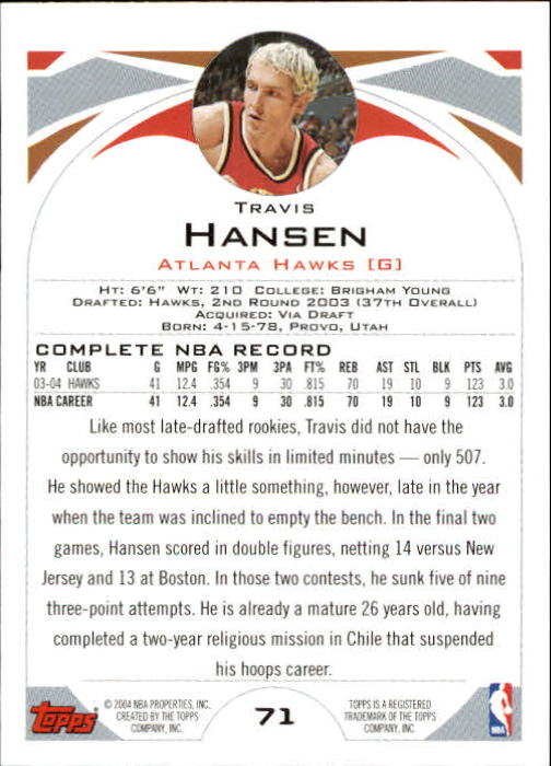 2004-05 Topps #71 Travis Hansen back image