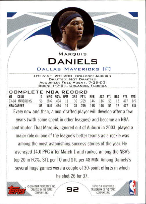 2004-05 Topps #92 Marquis Daniels back image