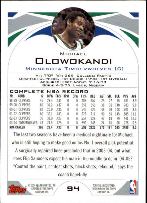 2004-05 Topps #94 Michael Olowokandi back image