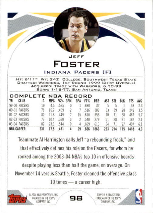 2004-05 Topps #98 Jeff Foster back image
