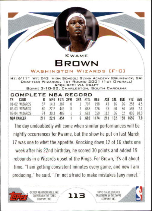 2004-05 Topps #113 Kwame Brown back image