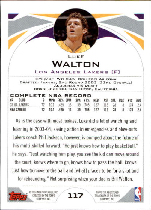 2004-05 Topps #117 Luke Walton back image