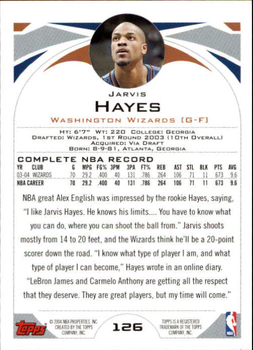 2004-05 Topps #126 Jarvis Hayes back image