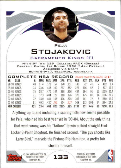 2004-05 Topps #133 Peja Stojakovic back image