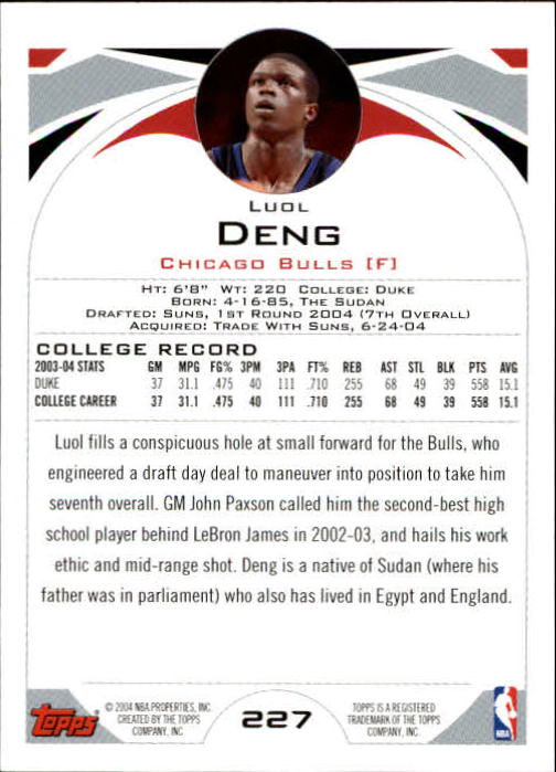 2004-05 Topps #227 Luol Deng RC back image