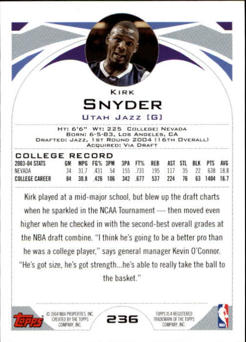 2004-05 Topps #236 Kirk Snyder RC back image