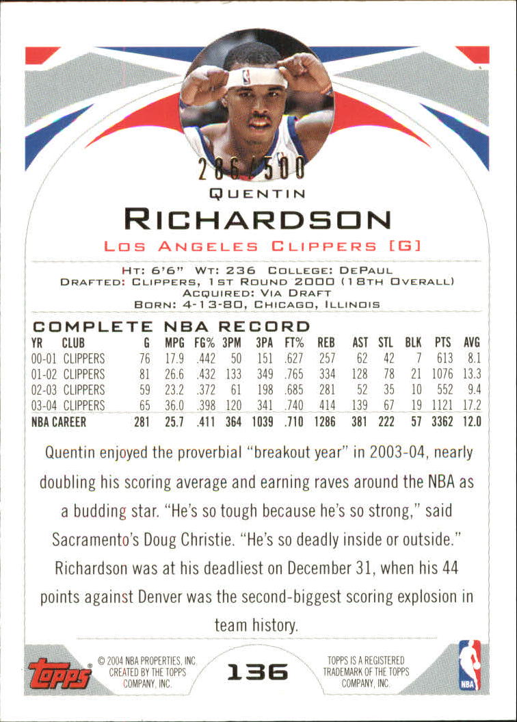 2004-05 Topps Black #136 Quentin Richardson back image