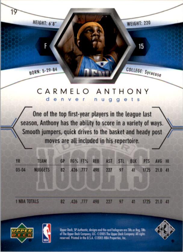 2004-05 SP Authentic #19 Carmelo Anthony back image