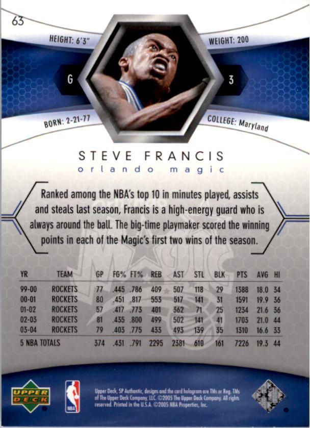 2004-05 SP Authentic #63 Steve Francis back image