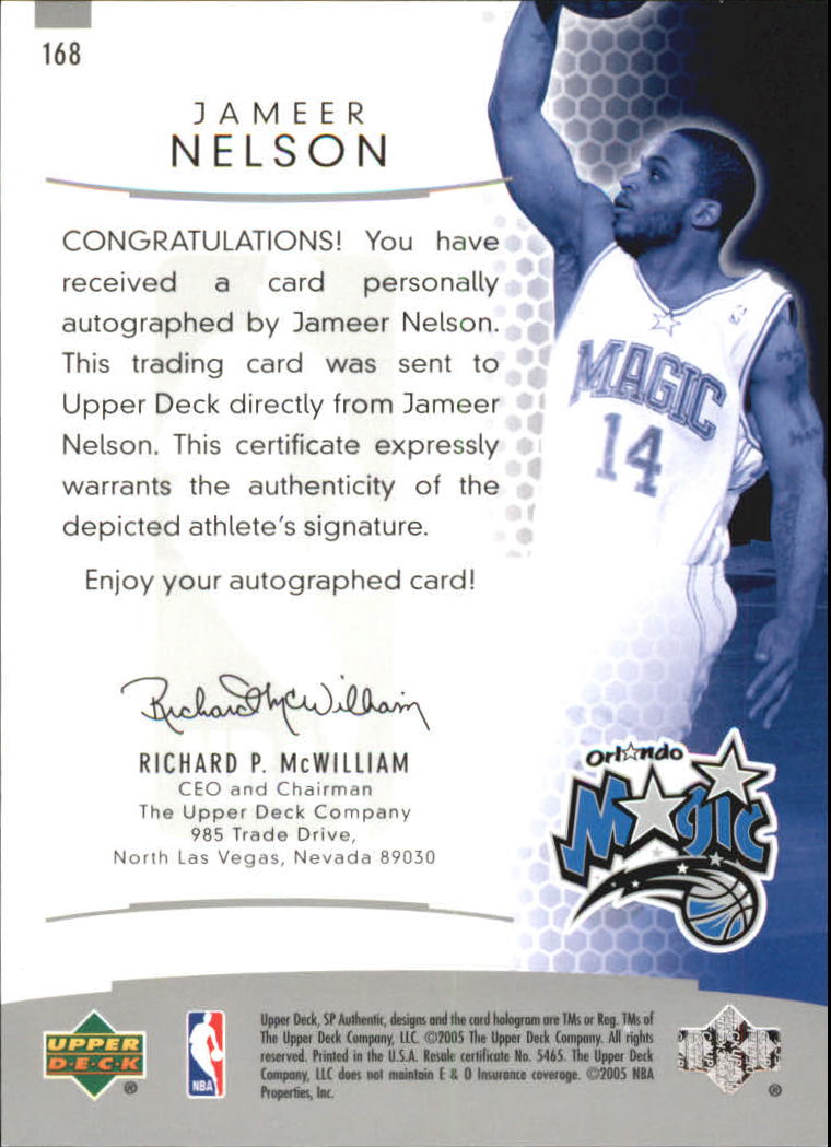 2004-05 SP Authentic #168 Jameer Nelson AU RC back image