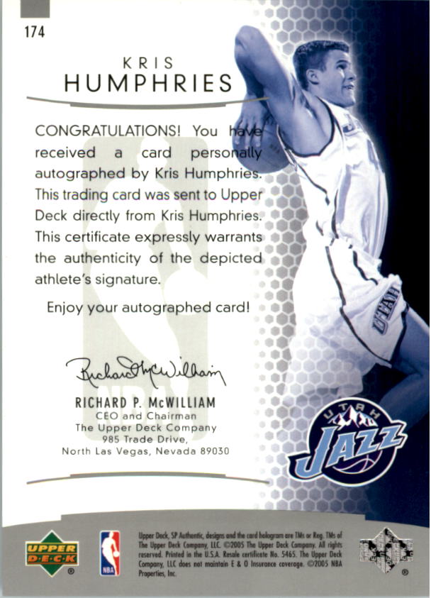 2004-05 SP Authentic #174 Kris Humphries AU RC back image
