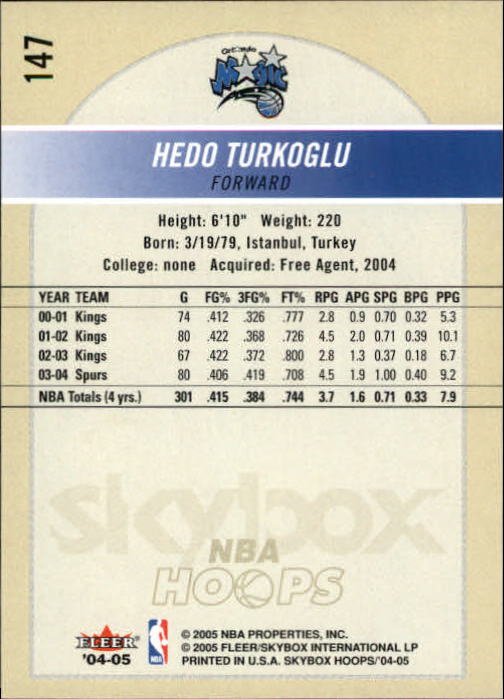 2004-05 Hoops #147 Hedo Turkoglu back image