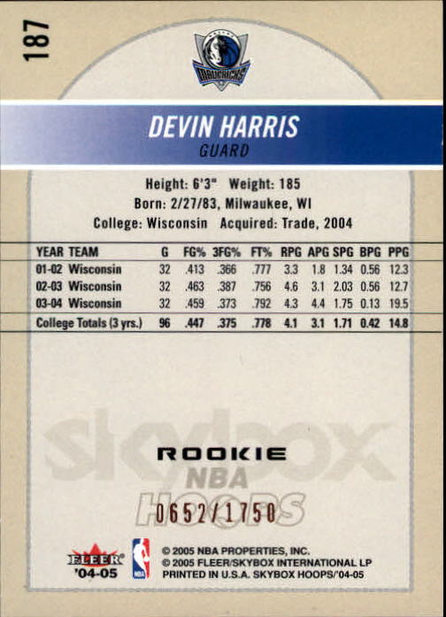 2004-05 Hoops #187 Devin Harris RC back image